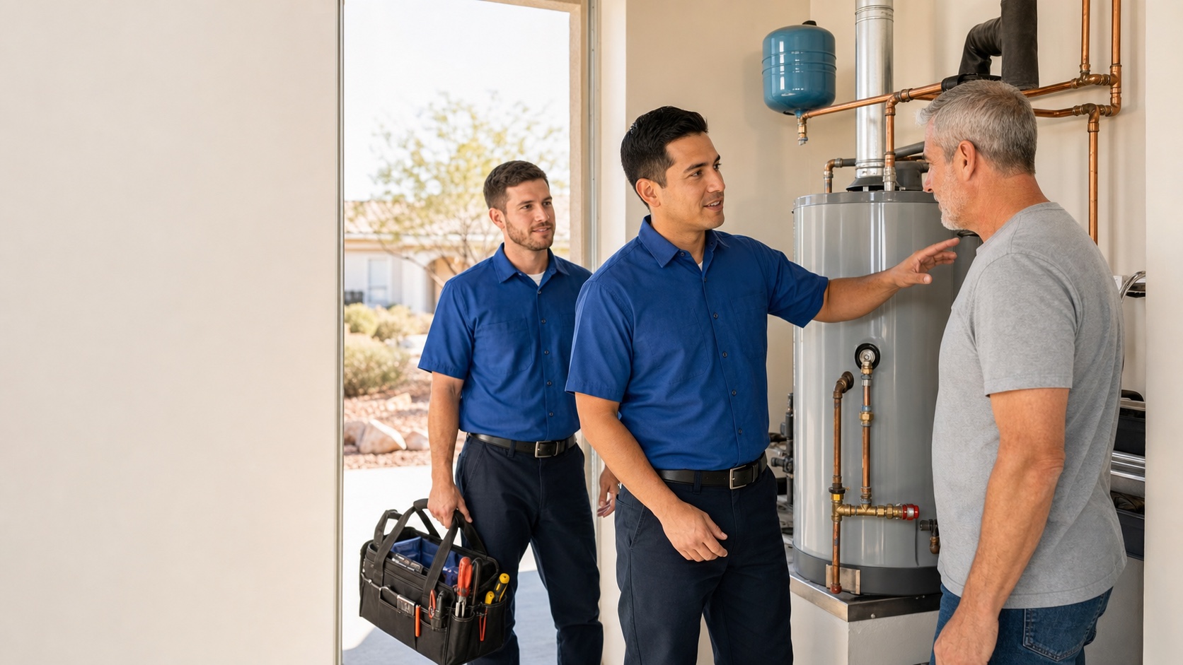 Professional plumbing team reviewing a water heater with a Goodyear homeowner