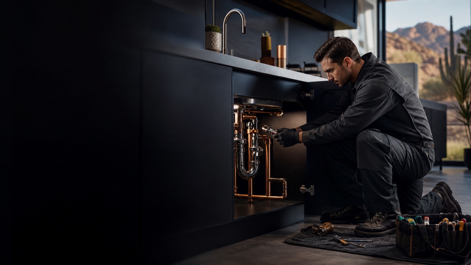 Professional plumber working in a bright West Valley home